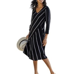 Soft Surroundings Linen Dress Black and White Striped V-Neck with Lining